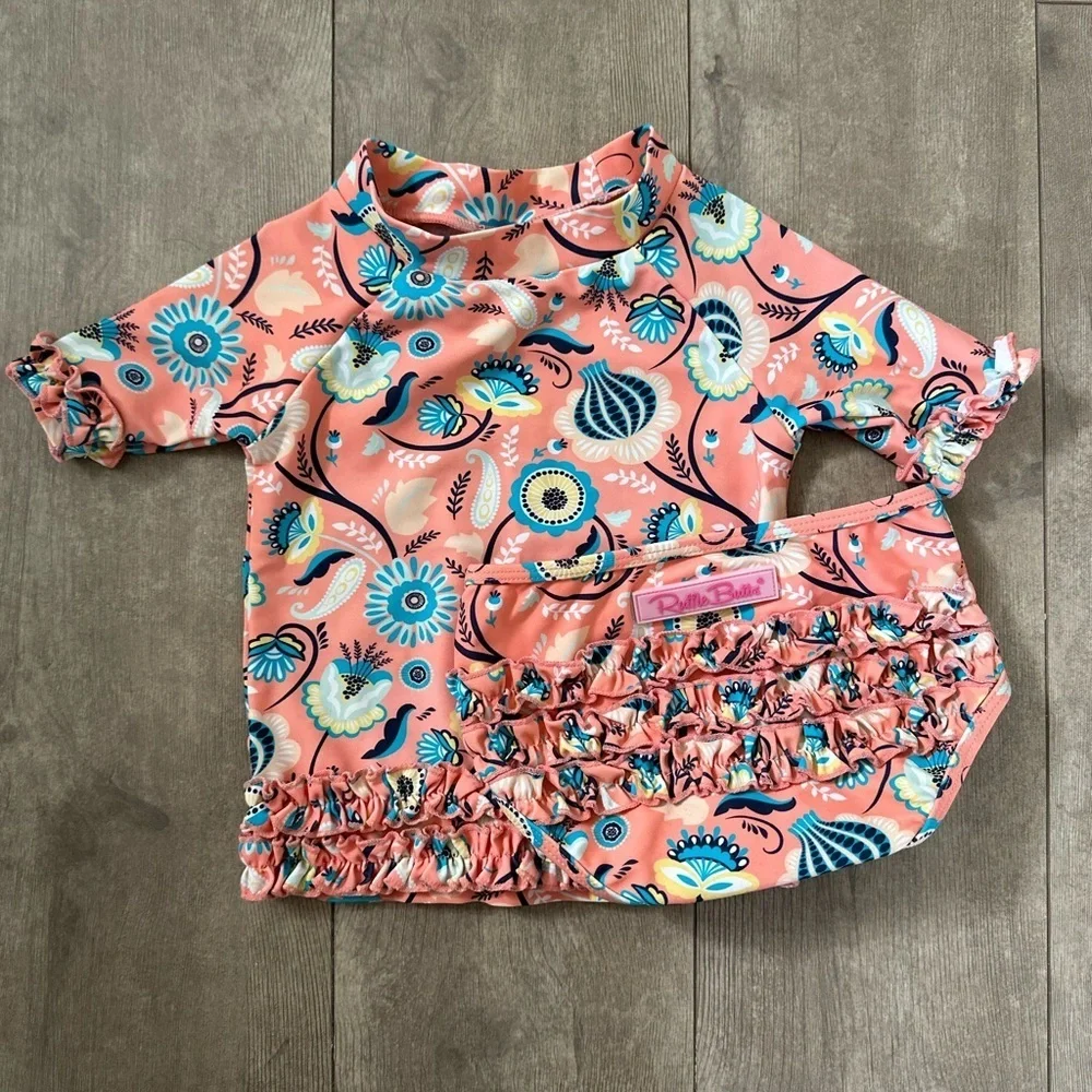 RuffleButts Paisley Paradise Two-Piece Rashguard Swimsuit Size 18-24 months